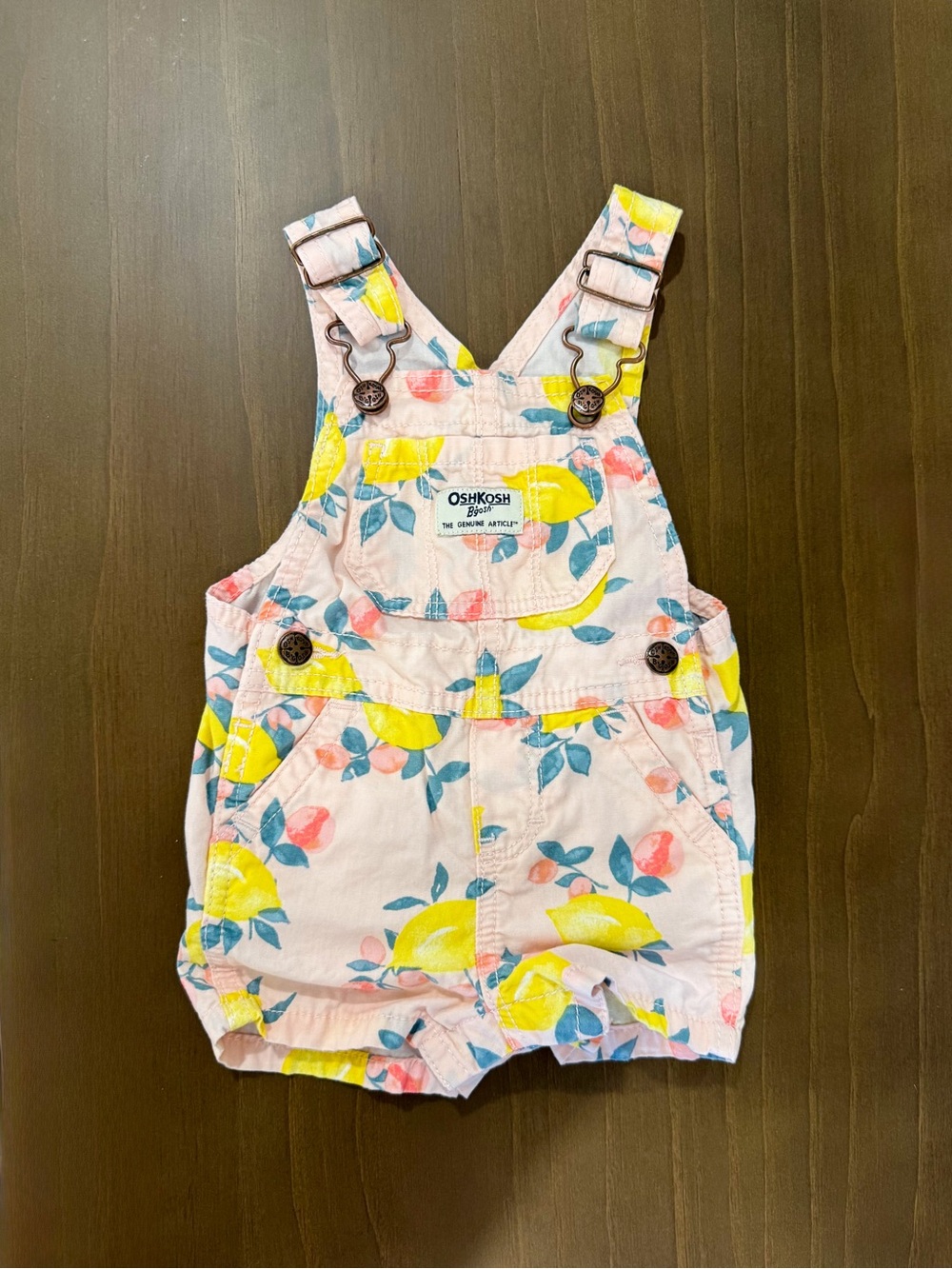 OshKosh B'gosh Baby Girl 6M Pink Floral Lemon 100% Cotton Shortalls Adjustable